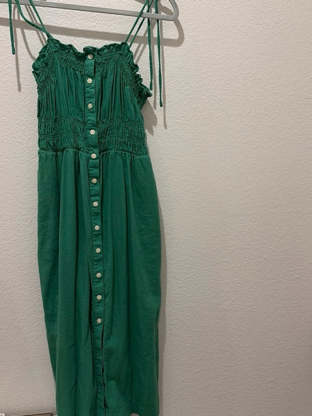 Green Button-Front Smocked Midi Dress